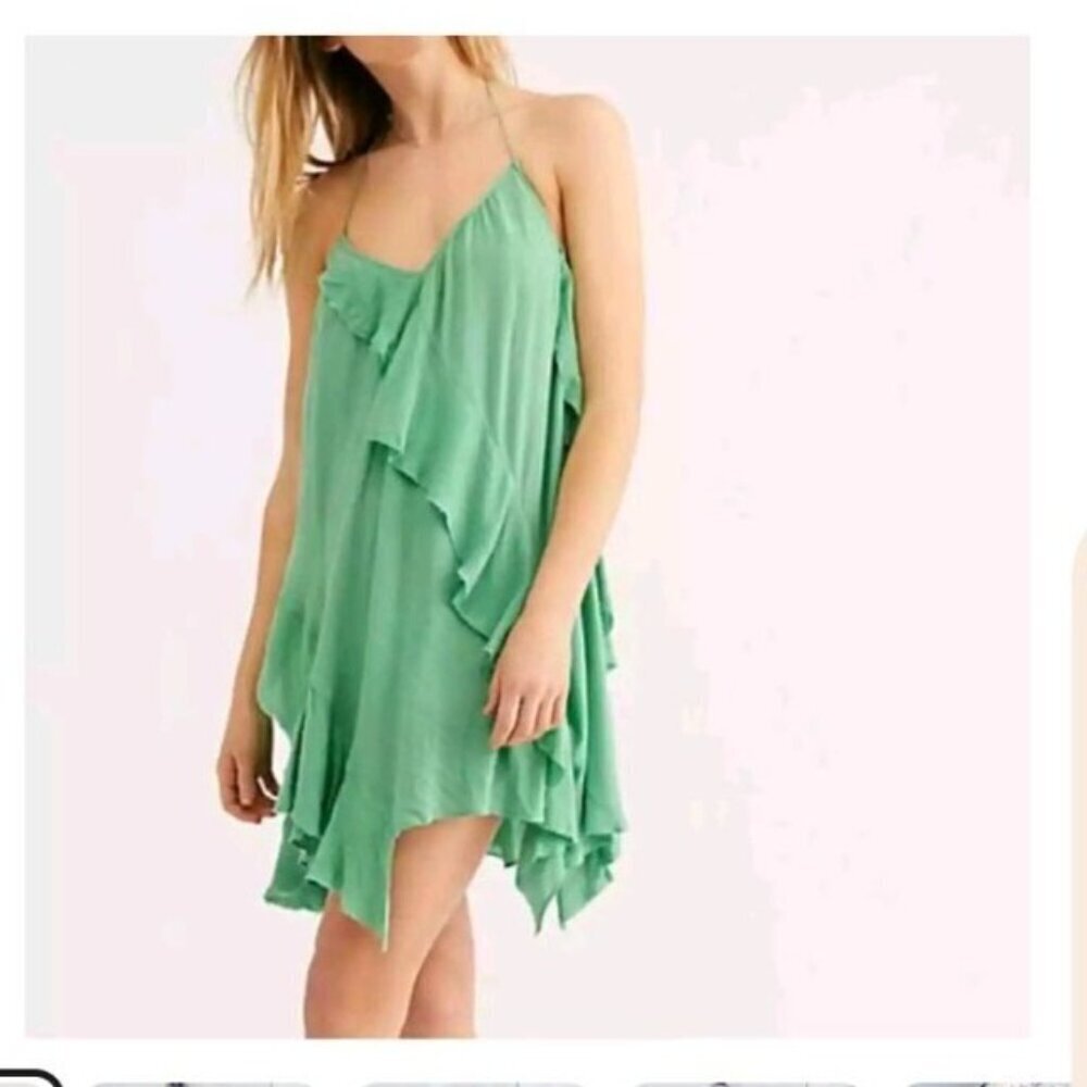 Free People Sunlit Mini. Dress Womens Size XS Green Ruffle Crinkle Lightweight